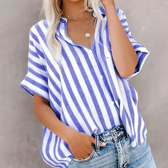 Women Fashion Casual Printed Stripe Lapel Short Sleeve Loose Blouse Women Fashion Casual Printed Stripe Lapel Short Sleeve Loose Blouse