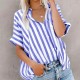 Women Fashion Casual Printed Stripe Lapel Short Sleeve Loose Blouse Women Fashion Casual Printed Stripe Lapel Short Sleeve Loose Blouse
