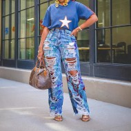 Women Fashion Graffiti Print Ripped Straight Jeans