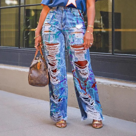 Women Fashion Graffiti Print Ripped Straight Jeans Women Fashion Graffiti Print Ripped Straight Jeans