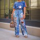 Women Fashion Graffiti Print Ripped Straight Jeans Women Fashion Graffiti Print Ripped Straight Jeans