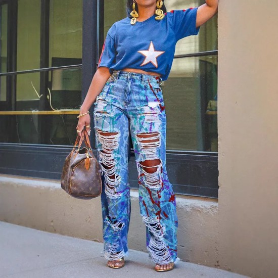 Women Fashion Graffiti Print Ripped Straight Jeans Women Fashion Graffiti Print Ripped Straight Jeans