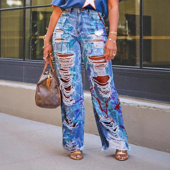 Women Fashion Graffiti Print Ripped Straight Jeans Women Fashion Graffiti Print Ripped Straight Jeans