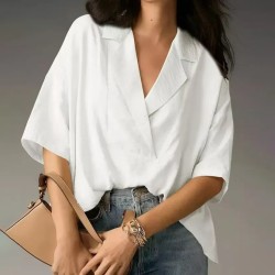 Women Fashion Casual Solid Color Lapel Short-Sleeve Loose Blouse