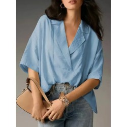 Women Fashion Casual Solid Color Lapel Short-Sleeve Loose Blouse