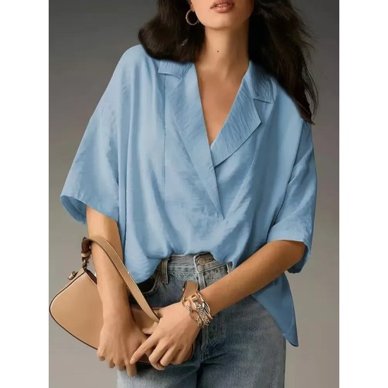 Women Fashion Casual Solid Color Lapel Short-Sleeve Loose Blouse Women Fashion Casual Solid Color Lapel Short-Sleeve Loose Blouse