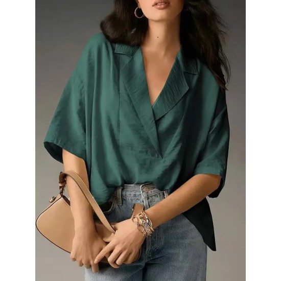 Women Fashion Casual Solid Color Lapel Short-Sleeve Loose Blouse Women Fashion Casual Solid Color Lapel Short-Sleeve Loose Blouse