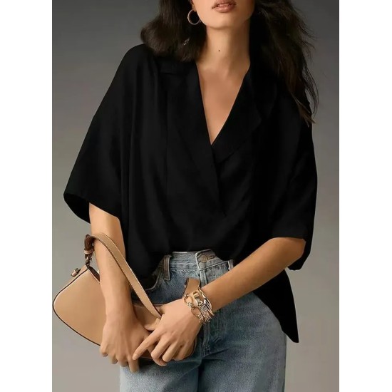 Women Fashion Casual Solid Color Lapel Short-Sleeve Loose Blouse Women Fashion Casual Solid Color Lapel Short-Sleeve Loose Blouse