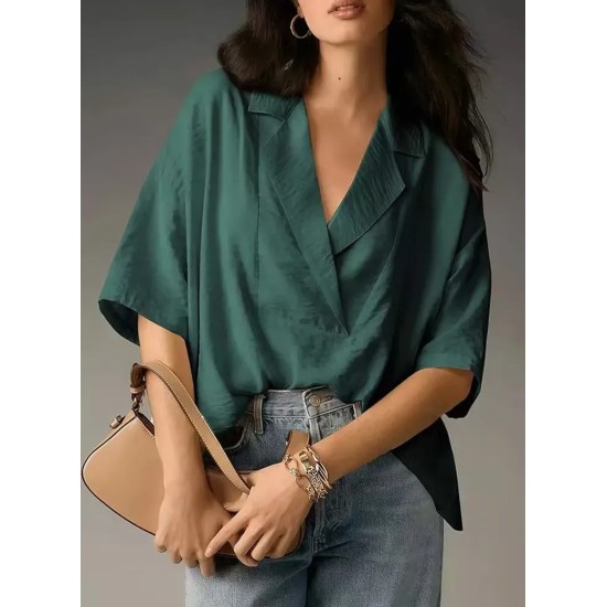 Women Fashion Casual Solid Color Lapel Short-Sleeve Loose Blouse Women Fashion Casual Solid Color Lapel Short-Sleeve Loose Blouse