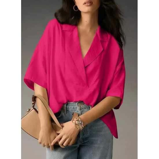 Women Fashion Casual Solid Color Lapel Short-Sleeve Loose Blouse Women Fashion Casual Solid Color Lapel Short-Sleeve Loose Blouse