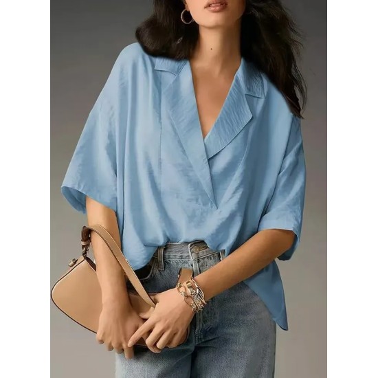 Women Fashion Casual Solid Color Lapel Short-Sleeve Loose Blouse Women Fashion Casual Solid Color Lapel Short-Sleeve Loose Blouse