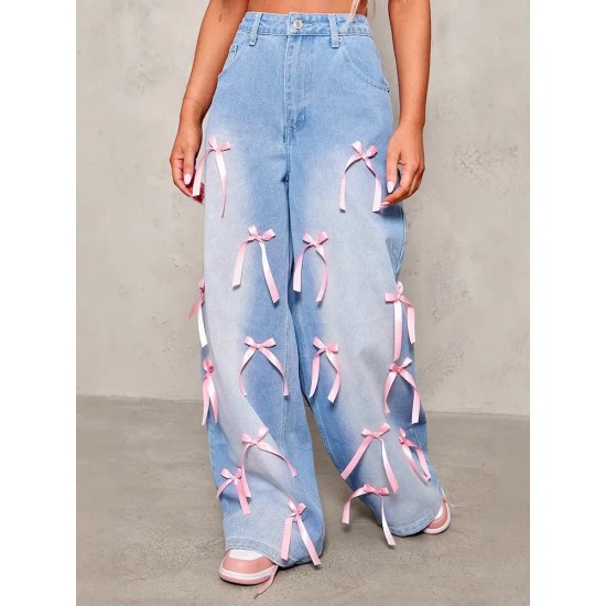 Women Creative Loose Bow Wide Leg Jeans Women Creative Loose Bow Wide Leg Jeans