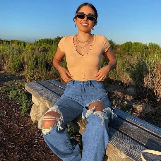 Women Fashion Casual High Waist Ripped Jeans Women Fashion Casual High Waist Ripped Jeans