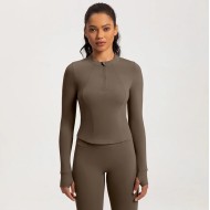 Women Fashion Solid Color Long-Sleeve Half-Zipper Tight Yoga Sports Top
