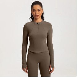 Women Fashion Solid Color Long-Sleeve Half-Zipper Tight Yoga Sports Top