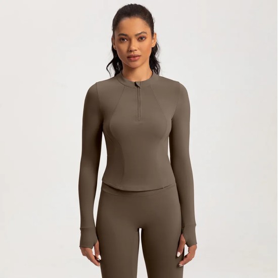 Women Fashion Solid Color Long-Sleeve Half-Zipper Tight Yoga Sports Top Women Fashion Solid Color Long-Sleeve Half-Zipper Tight Yoga Sports Top