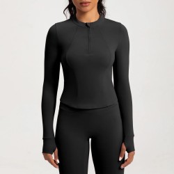 Women Fashion Solid Color Long-Sleeve Half-Zipper Tight Yoga Sports Top