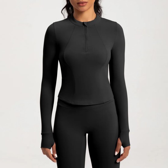 Women Fashion Solid Color Long-Sleeve Half-Zipper Tight Yoga Sports Top Women Fashion Solid Color Long-Sleeve Half-Zipper Tight Yoga Sports Top