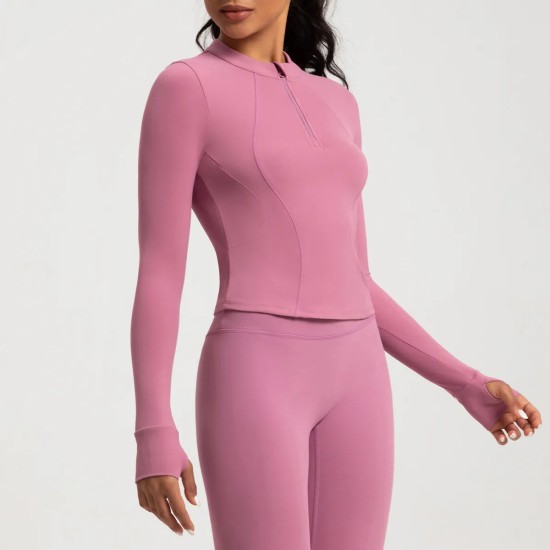 Women Fashion Solid Color Long-Sleeve Half-Zipper Tight Yoga Sports Top Women Fashion Solid Color Long-Sleeve Half-Zipper Tight Yoga Sports Top