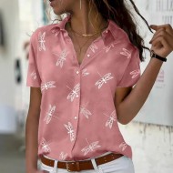 Women Fashion Casual Dragonfly Printed Lapel Short-Sleeve Single Breasted Blouse