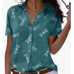Women Fashion Casual Dragonfly Printed Lapel Short-Sleeve Single Breasted Blouse