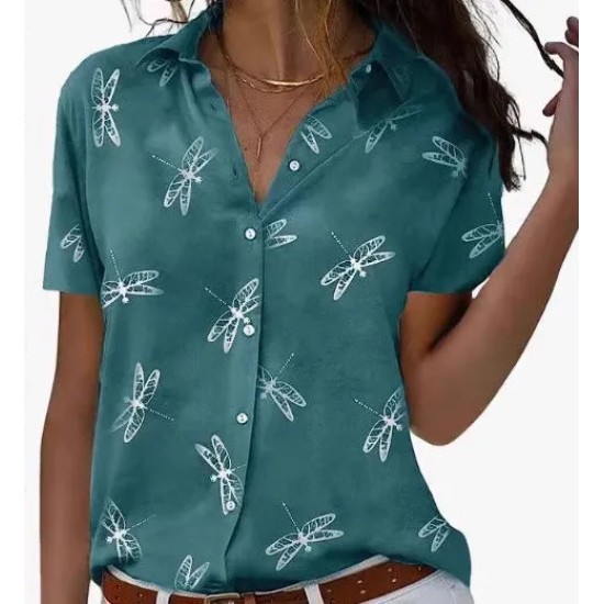 Women Fashion Casual Dragonfly Printed Lapel Short-Sleeve Single Breasted Blouse Women Fashion Casual Dragonfly Printed Lapel Short-Sleeve Single Breasted Blouse