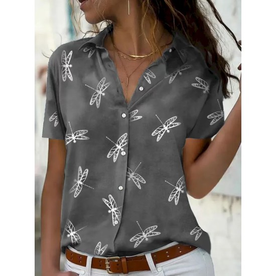 Women Fashion Casual Dragonfly Printed Lapel Short-Sleeve Single Breasted Blouse Women Fashion Casual Dragonfly Printed Lapel Short-Sleeve Single Breasted Blouse
