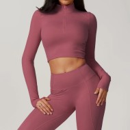 Women Fashion Casual Solid Color Long-Sleeve Half-Zipper Tight Quick-Drying Yoga Sports Top