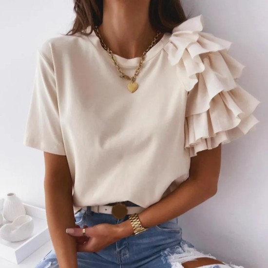 Women Elegant Solid Color Ruffled Short Sleeves Round Neck Loose Summer Blouse Women Elegant Solid Color Ruffled Short Sleeves Round Neck Loose Summer Blouse