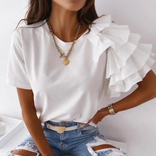 Women Elegant Solid Color Ruffled Short Sleeves Round Neck Loose Summer Blouse Women Elegant Solid Color Ruffled Short Sleeves Round Neck Loose Summer Blouse