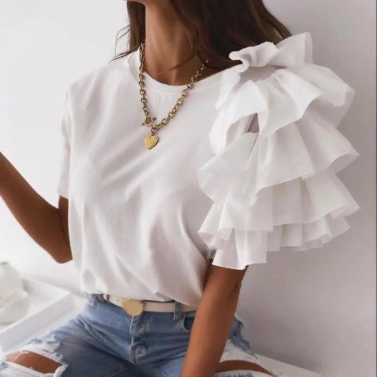 Women Elegant Solid Color Ruffled Short Sleeves Round Neck Loose Summer Blouse Women Elegant Solid Color Ruffled Short Sleeves Round Neck Loose Summer Blouse