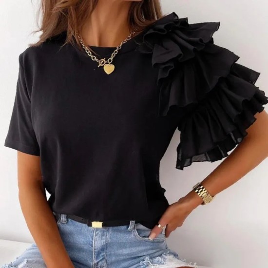 Women Elegant Solid Color Ruffled Short Sleeves Round Neck Loose Summer Blouse Women Elegant Solid Color Ruffled Short Sleeves Round Neck Loose Summer Blouse