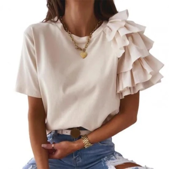 Women Elegant Solid Color Ruffled Short Sleeves Round Neck Loose Summer Blouse Women Elegant Solid Color Ruffled Short Sleeves Round Neck Loose Summer Blouse
