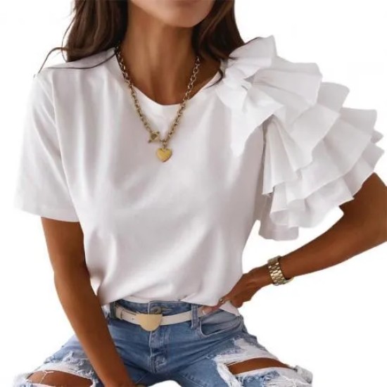 Women Elegant Solid Color Ruffled Short Sleeves Round Neck Loose Summer Blouse Women Elegant Solid Color Ruffled Short Sleeves Round Neck Loose Summer Blouse
