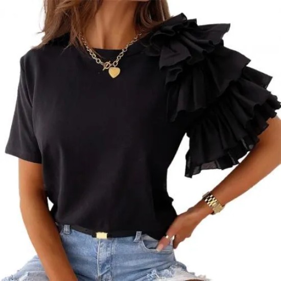 Women Elegant Solid Color Ruffled Short Sleeves Round Neck Loose Summer Blouse Women Elegant Solid Color Ruffled Short Sleeves Round Neck Loose Summer Blouse