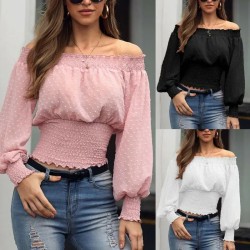 Women Elegant Sweet Dating Off-the-shoulder Long Sleeves Solid Color Blouse