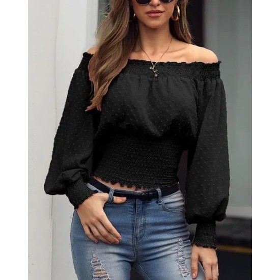 Women Elegant Sweet Dating Off-the-shoulder Long Sleeves Solid Color Blouse Women Elegant Sweet Dating Off-the-shoulder Long Sleeves Solid Color Blouse