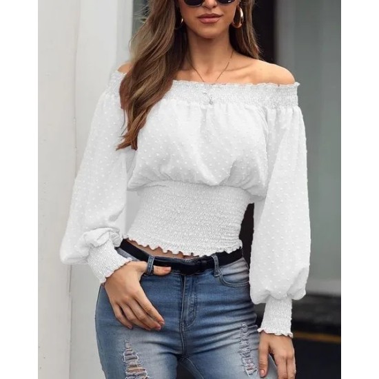 Women Elegant Sweet Dating Off-the-shoulder Long Sleeves Solid Color Blouse Women Elegant Sweet Dating Off-the-shoulder Long Sleeves Solid Color Blouse