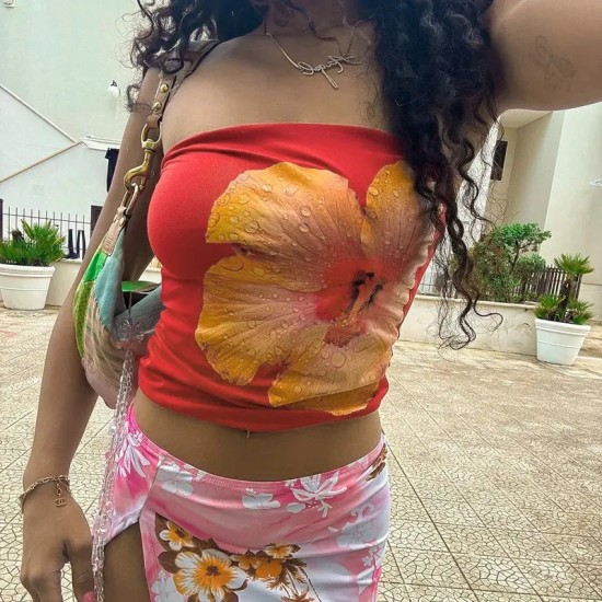 Women Fashion Sexy Floral Print Tub Crop Top Women Fashion Sexy Floral Print Tub Crop Top