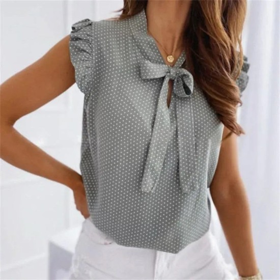 S-2XL Women Fashion Polka Dot Sleeveless Ruffled Blouse S-2XL Women Fashion Polka Dot Sleeveless Ruffled Blouse
