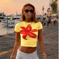 Women Fashion Cute Printed Round Neck Short-Sleeve Crop Top