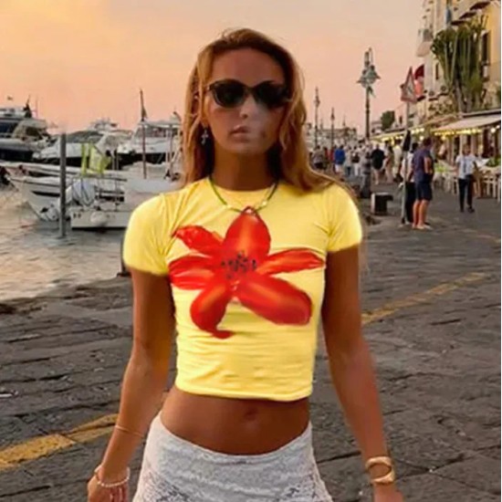 Women Fashion Cute Printed Round Neck Short-Sleeve Crop Top Women Fashion Cute Printed Round Neck Short-Sleeve Crop Top