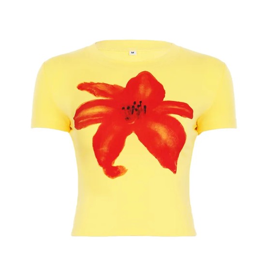 Women Fashion Cute Printed Round Neck Short-Sleeve Crop Top Women Fashion Cute Printed Round Neck Short-Sleeve Crop Top
