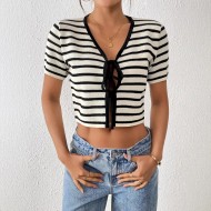 Women Fashion Casual Stripe Short Sleeve Lace-Up Knitwear