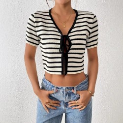 Women Fashion Casual Stripe Short Sleeve Lace-Up Knitwear