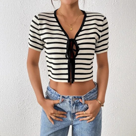 Women Fashion Casual Stripe Short Sleeve Lace-Up Knitwear Women Fashion Casual Stripe Short Sleeve Lace-Up Knitwear