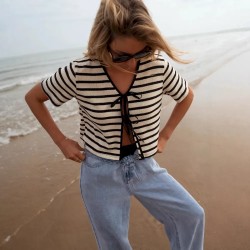 Women Fashion Casual Stripe Short Sleeve Lace-Up Knitwear