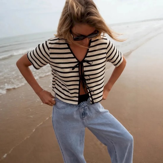 Women Fashion Casual Stripe Short Sleeve Lace-Up Knitwear Women Fashion Casual Stripe Short Sleeve Lace-Up Knitwear