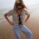 Women Fashion Casual Stripe Short Sleeve Lace-Up Knitwear Women Fashion Casual Stripe Short Sleeve Lace-Up Knitwear