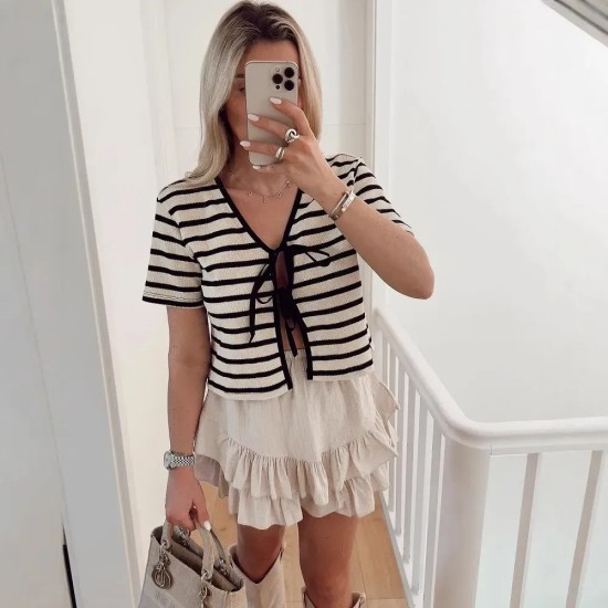 Women Fashion Casual Stripe Short Sleeve Lace-Up Knitwear Women Fashion Casual Stripe Short Sleeve Lace-Up Knitwear